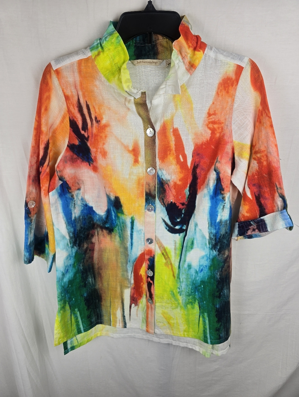 Soft Surroundings Multicolor Abstract Pearl Button-up Roll Tab Sleeve Shirt Sz S